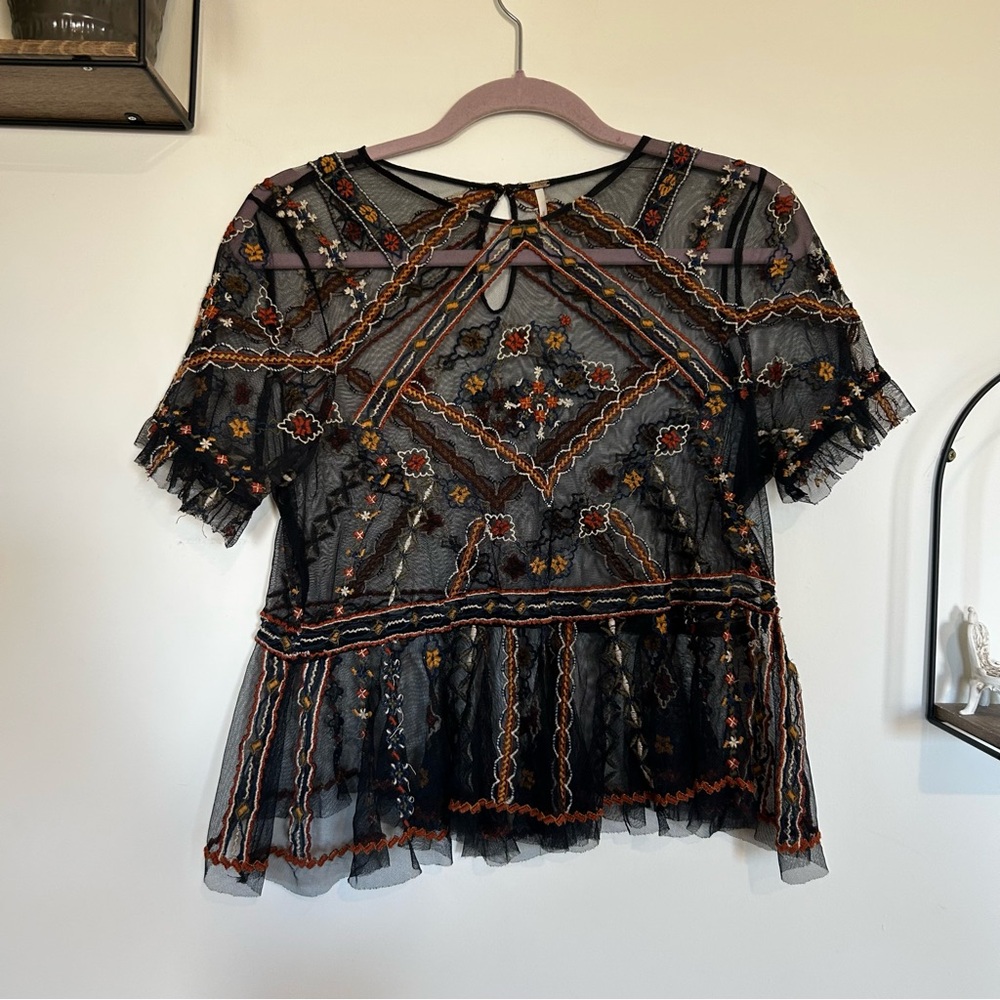 Free People Sheer Mesh Embroidered Short Ruffle Sleeve Blouse Top Shirt Small